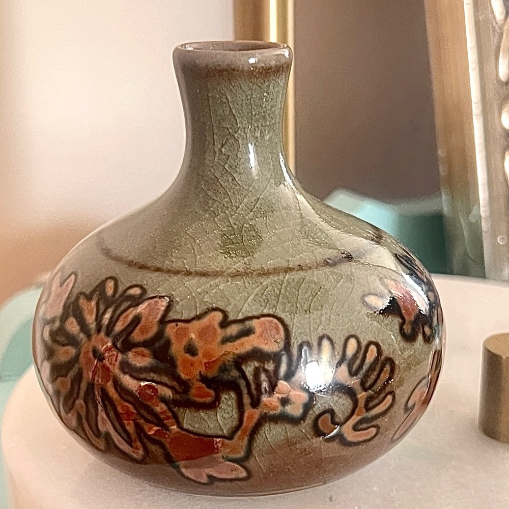 VTG Carlos Villanueva Mexican Tonala Pottery Sun Vase Hand Painted 3.5”T